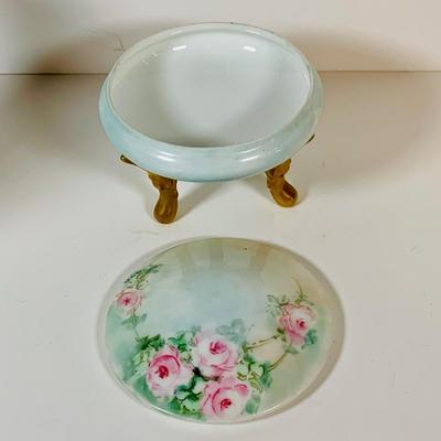LOT 199: Collection of Antique Hand Painted Ceramics, Including Candle Sticks, Hat Pin Holder, and Trinket Boxes