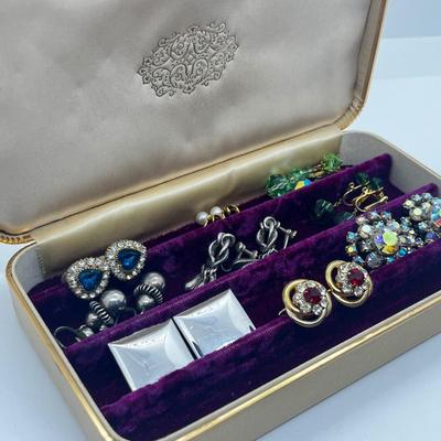LOT 202J: Vintage Screwback and Clip On Earrings with a Beautiful Purple Velvet Lined Case