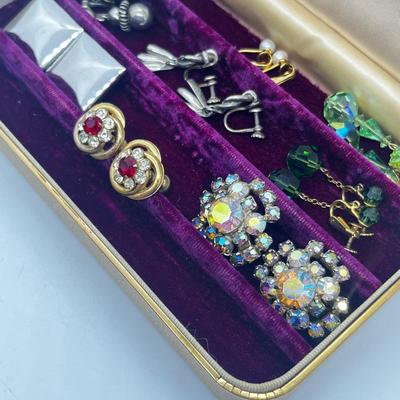 LOT 202J: Vintage Screwback and Clip On Earrings with a Beautiful Purple Velvet Lined Case
