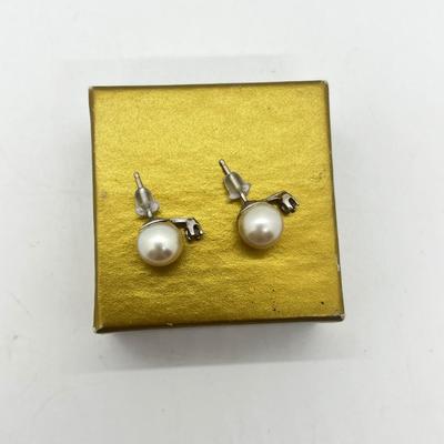 LOT 203J: Cultured Pearl and Diamond Chip Pierced Earrings with 14K Gold Posts