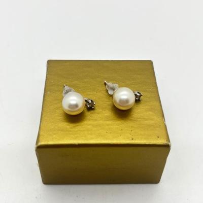 LOT 203J: Cultured Pearl and Diamond Chip Pierced Earrings with 14K Gold Posts