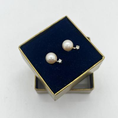 LOT 203J: Cultured Pearl and Diamond Chip Pierced Earrings with 14K Gold Posts