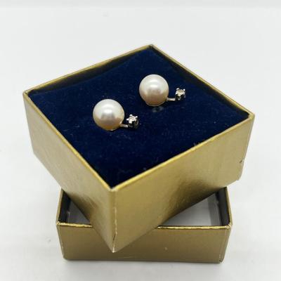 LOT 203J: Cultured Pearl and Diamond Chip Pierced Earrings with 14K Gold Posts