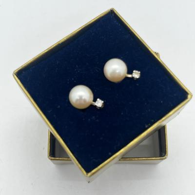 LOT 203J: Cultured Pearl and Diamond Chip Pierced Earrings with 14K Gold Posts