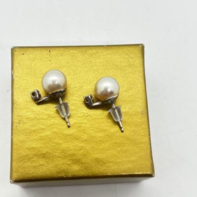 LOT 203J: Cultured Pearl and Diamond Chip Pierced Earrings with 14K Gold Posts