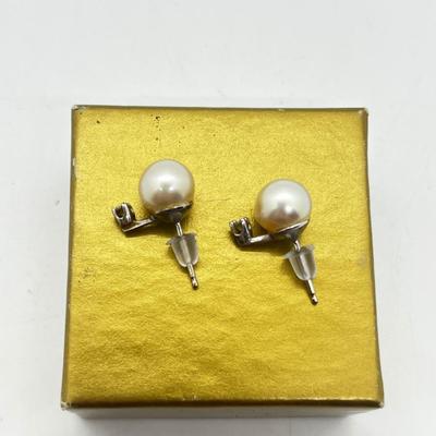 LOT 203J: Cultured Pearl and Diamond Chip Pierced Earrings with 14K Gold Posts