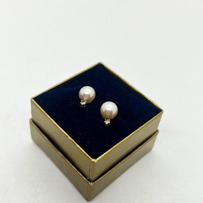 LOT 203J: Cultured Pearl and Diamond Chip Pierced Earrings with 14K Gold Posts
