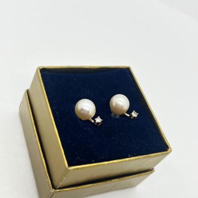 LOT 203J: Cultured Pearl and Diamond Chip Pierced Earrings with 14K Gold Posts