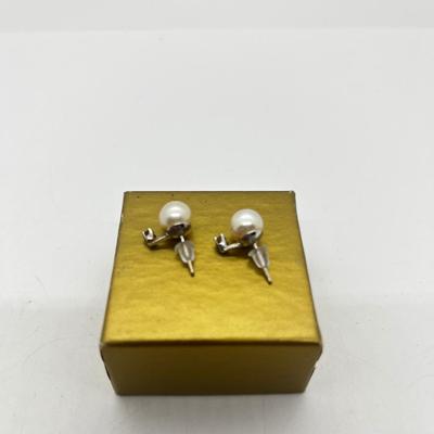 LOT 203J: Cultured Pearl and Diamond Chip Pierced Earrings with 14K Gold Posts