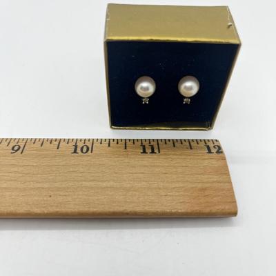 LOT 203J: Cultured Pearl and Diamond Chip Pierced Earrings with 14K Gold Posts