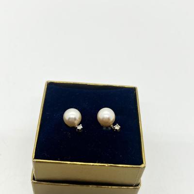 LOT 203J: Cultured Pearl and Diamond Chip Pierced Earrings with 14K Gold Posts