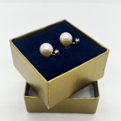 LOT 203J: Cultured Pearl and Diamond Chip Pierced Earrings with 14K Gold Posts