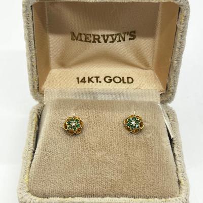 LOT 204J: 14K Yellow Gold and Emerald Flower Pierced Earrings, Jade Bracelet and Plastic Rosary