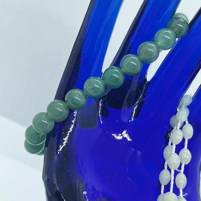 LOT 204J: 14K Yellow Gold and Emerald Flower Pierced Earrings, Jade Bracelet and Plastic Rosary