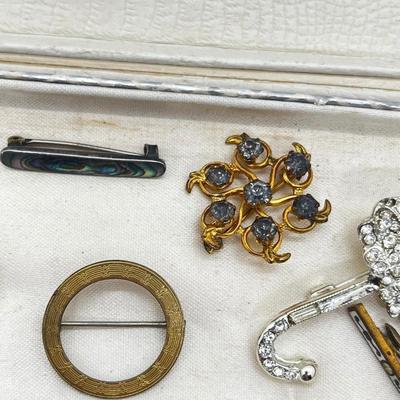 LOT 205J: Antique Brass Buckle, Sterling and Abalone Bar Pin, Enamel and Brass Bar Pin and More!