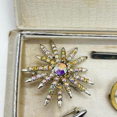 LOT 205J: Antique Brass Buckle, Sterling and Abalone Bar Pin, Enamel and Brass Bar Pin and More!