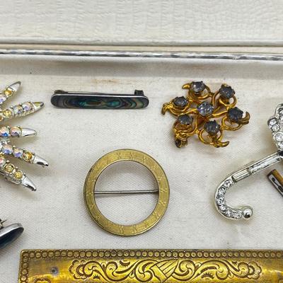 LOT 205J: Antique Brass Buckle, Sterling and Abalone Bar Pin, Enamel and Brass Bar Pin and More!