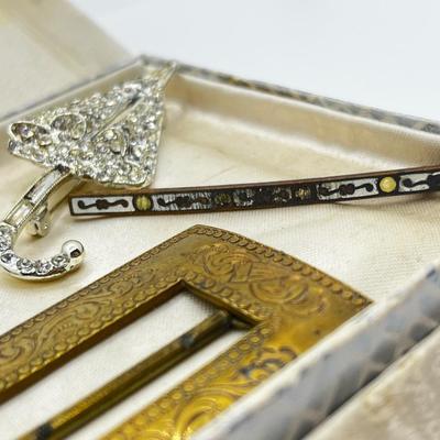 LOT 205J: Antique Brass Buckle, Sterling and Abalone Bar Pin, Enamel and Brass Bar Pin and More!