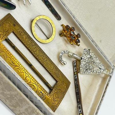 LOT 205J: Antique Brass Buckle, Sterling and Abalone Bar Pin, Enamel and Brass Bar Pin and More!