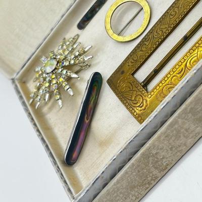 LOT 205J: Antique Brass Buckle, Sterling and Abalone Bar Pin, Enamel and Brass Bar Pin and More!