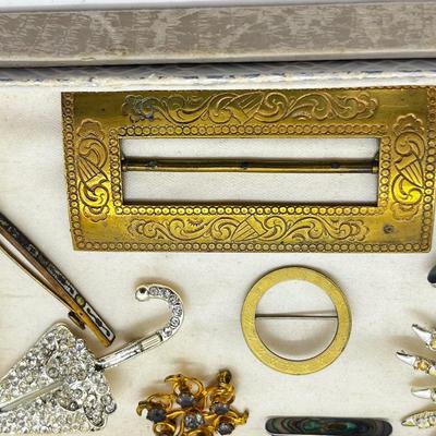LOT 205J: Antique Brass Buckle, Sterling and Abalone Bar Pin, Enamel and Brass Bar Pin and More!