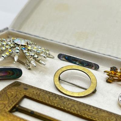 LOT 205J: Antique Brass Buckle, Sterling and Abalone Bar Pin, Enamel and Brass Bar Pin and More!