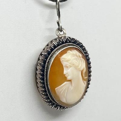 LOT 206J: Vintage Victorian Rhinestone Brooch and Vintage Left Facing Cameo Pin/Pendant on 925 Chain