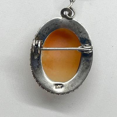 LOT 206J: Vintage Victorian Rhinestone Brooch and Vintage Left Facing Cameo Pin/Pendant on 925 Chain