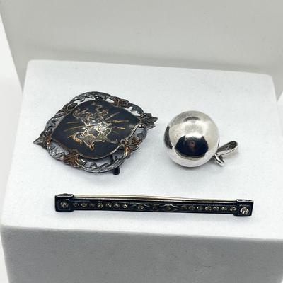 LOT 220J: Antique Sterling Black Enamel & Rhinestone Bar Pin, Siam Sterling Brooch/Pin, Vintage Sterling Ball/Bell Pendant and More!
