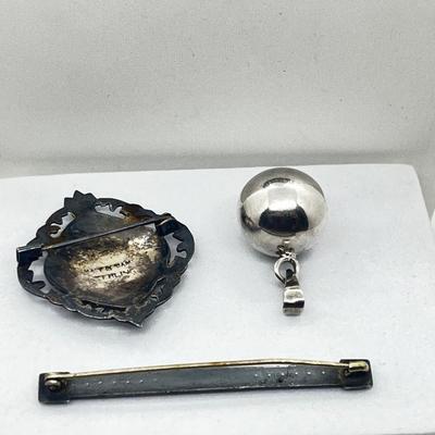 LOT 220J: Antique Sterling Black Enamel & Rhinestone Bar Pin, Siam Sterling Brooch/Pin, Vintage Sterling Ball/Bell Pendant and More!