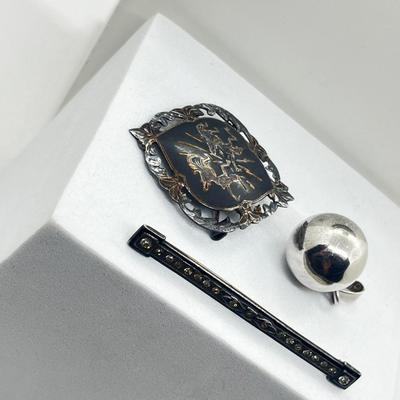 LOT 220J: Antique Sterling Black Enamel & Rhinestone Bar Pin, Siam Sterling Brooch/Pin, Vintage Sterling Ball/Bell Pendant and More!