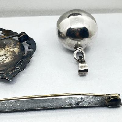 LOT 220J: Antique Sterling Black Enamel & Rhinestone Bar Pin, Siam Sterling Brooch/Pin, Vintage Sterling Ball/Bell Pendant and More!