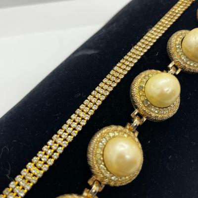 LOT 221J: Vintage Bergere Goldtone Faux Pearl and Rhinestone Link Bracelet (7.5") and Triple Row Goldtone and Rhinestone Bracelet...