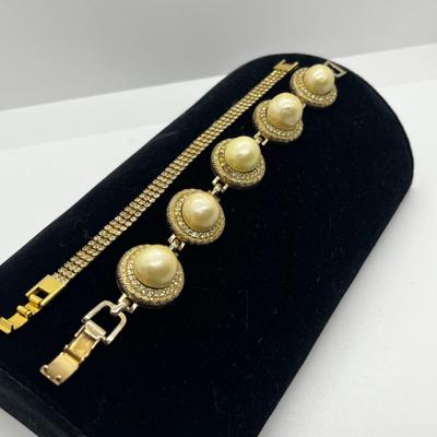 LOT 221J: Vintage Bergere Goldtone Faux Pearl and Rhinestone Link Bracelet (7.5") and Triple Row Goldtone and Rhinestone Bracelet...