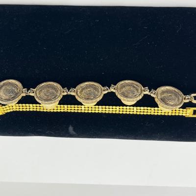LOT 221J: Vintage Bergere Goldtone Faux Pearl and Rhinestone Link Bracelet (7.5") and Triple Row Goldtone and Rhinestone Bracelet...