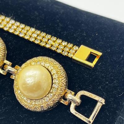 LOT 221J: Vintage Bergere Goldtone Faux Pearl and Rhinestone Link Bracelet (7.5") and Triple Row Goldtone and Rhinestone Bracelet...