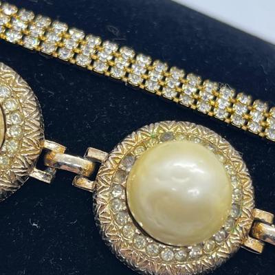 LOT 221J: Vintage Bergere Goldtone Faux Pearl and Rhinestone Link Bracelet (7.5") and Triple Row Goldtone and Rhinestone Bracelet...