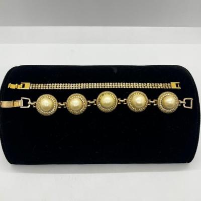 LOT 221J: Vintage Bergere Goldtone Faux Pearl and Rhinestone Link Bracelet (7.5") and Triple Row Goldtone and Rhinestone Bracelet...