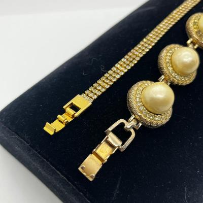 LOT 221J: Vintage Bergere Goldtone Faux Pearl and Rhinestone Link Bracelet (7.5") and Triple Row Goldtone and Rhinestone Bracelet...