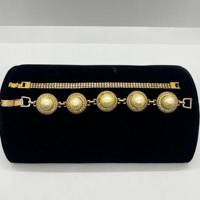 LOT 221J: Vintage Bergere Goldtone Faux Pearl and Rhinestone Link Bracelet (7.5") and Triple Row Goldtone and Rhinestone Bracelet...