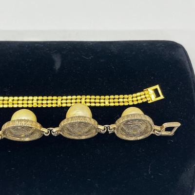 LOT 221J: Vintage Bergere Goldtone Faux Pearl and Rhinestone Link Bracelet (7.5") and Triple Row Goldtone and Rhinestone Bracelet...