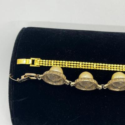 LOT 221J: Vintage Bergere Goldtone Faux Pearl and Rhinestone Link Bracelet (7.5") and Triple Row Goldtone and Rhinestone Bracelet...