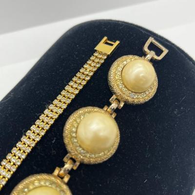 LOT 221J: Vintage Bergere Goldtone Faux Pearl and Rhinestone Link Bracelet (7.5") and Triple Row Goldtone and Rhinestone Bracelet...