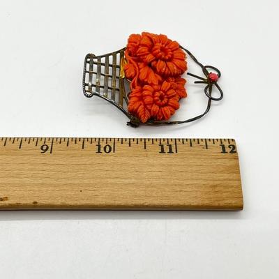 LOT 224J: Stunning Vintage Sterling Faux Coral Basket Brooch/Pin