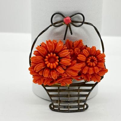 LOT 224J: Stunning Vintage Sterling Faux Coral Basket Brooch/Pin