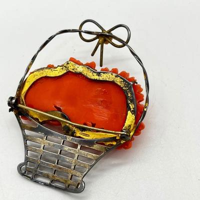 LOT 224J: Stunning Vintage Sterling Faux Coral Basket Brooch/Pin