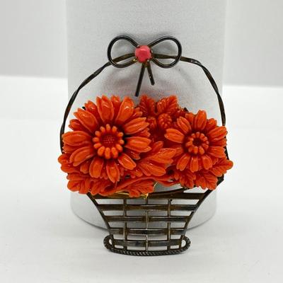 LOT 224J: Stunning Vintage Sterling Faux Coral Basket Brooch/Pin