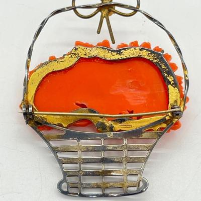 LOT 224J: Stunning Vintage Sterling Faux Coral Basket Brooch/Pin