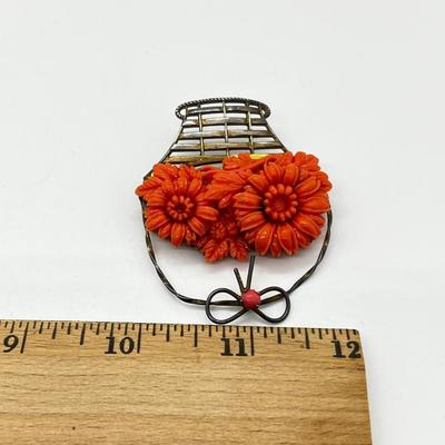 LOT 224J: Stunning Vintage Sterling Faux Coral Basket Brooch/Pin