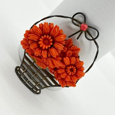 LOT 224J: Stunning Vintage Sterling Faux Coral Basket Brooch/Pin